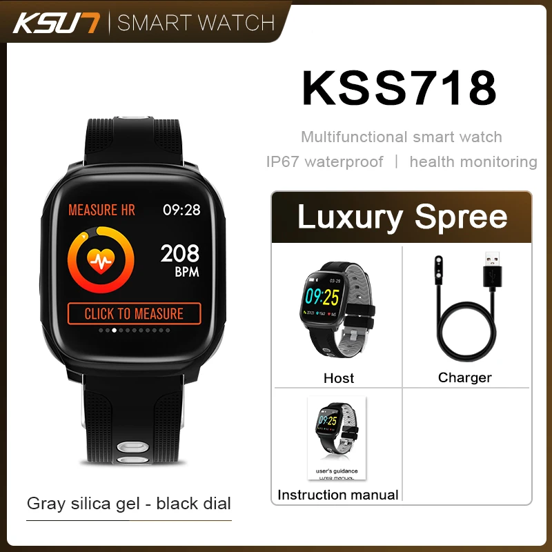 KSUN KSS718 Смарт-часы, браслет, спортивные фитнес-часы, кровяное давление, пульсометр, напоминание о звонках, Android, шагомер, Смарт-часы - Цвет: KSS718-B