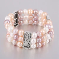 8 9mm pearl beads multi layered bracelet fashion alloy bangle for women natural freshwater pearls round bracelets jewelry gift