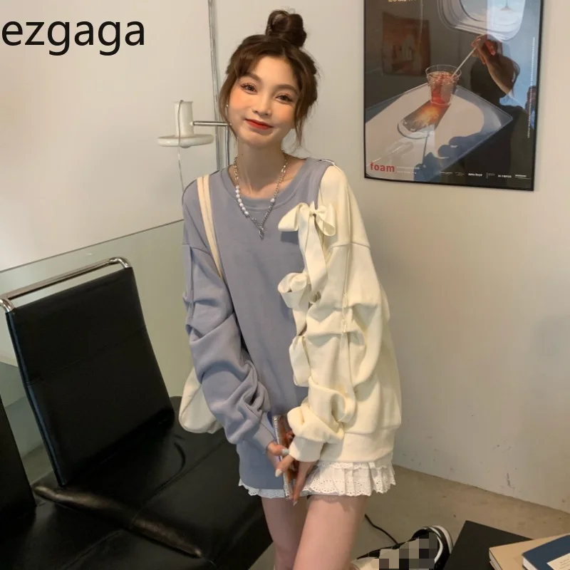 Свитшот Ezgaga с бантом для женщин милый пуловер круглым вырезом и длинным рукавом