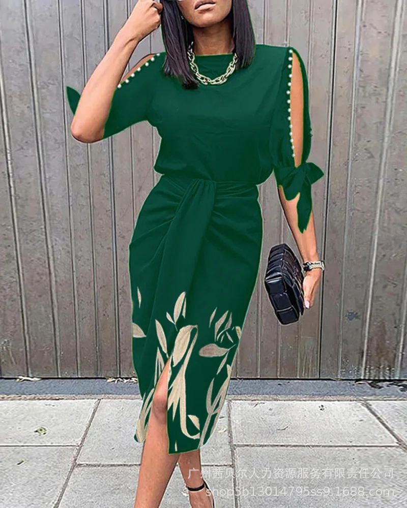 

Women Long Dress Sheath Slim New Printed Pleated Dress O Neck High Waist Office Elegant Fashion Clothing