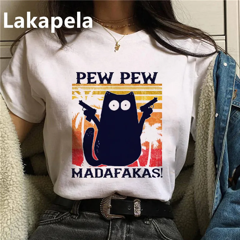 Черная кошка Pew Madafakas забавная Гангстер с пистолетом мемом Ретро Женская футболка