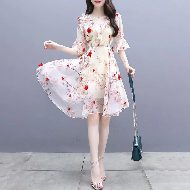 Милое шифоновое Цветочное платье с зауженной талией женское модное