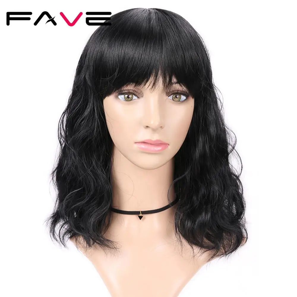 Парик FAVE Bob из натуральных волос волнистые волосы с челкой Смешанные черные и