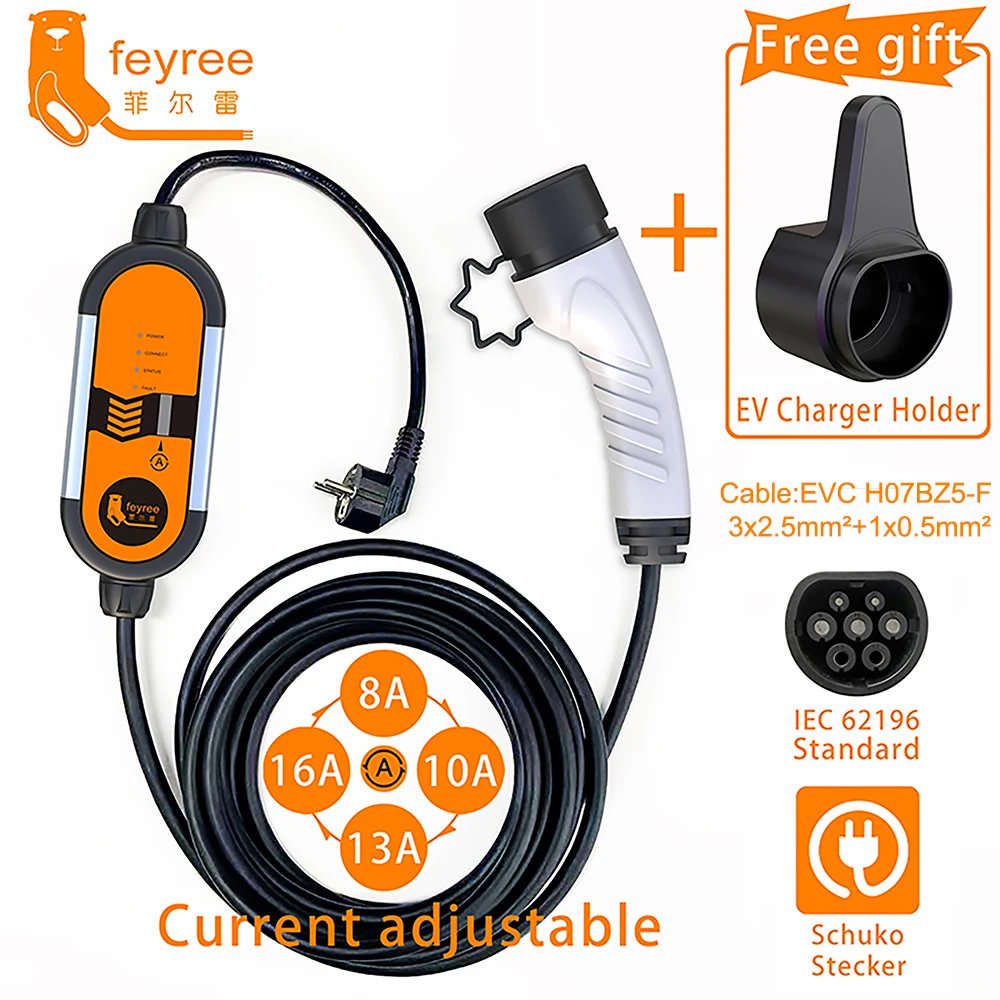 feyree portable ev charger wallbox 16a type1 j1772 charging cable type2 cord iec62196 schuko plug electric car charging station free global shipping