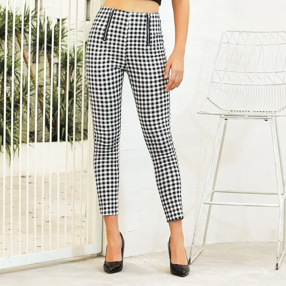 Брюки женские клетчатые с завышенной талией офисная одежда приталенные дышащие