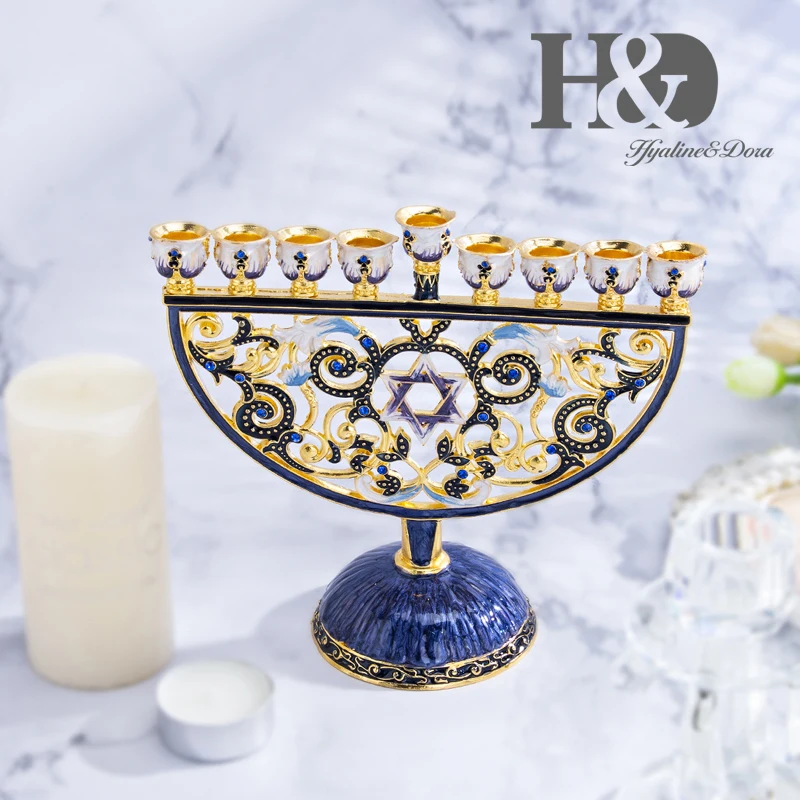 H&D 9 ветвей ручная роспись Hanukkah Menorah иудаизм Звезда Давида эмаль подсвечники Chanukah канделябры украшенные кристаллами