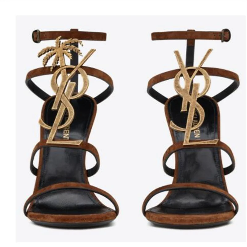 

Women's Genuine Leather Sandals Classic Brand Metal YL Logo 10cm Stiletto Women's High Heel Sandals Open Toe Round Toe Sandals