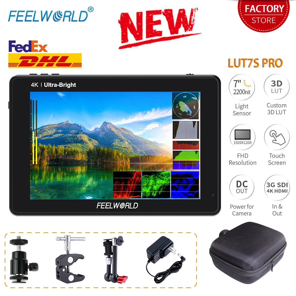 

FEELWORLD New LUT7S PRO 7 Inch 2200nits DSLR Camera Field Monitor Ultra Bright 3D LUT Touch Screen 4K HDMI 3G-SDI Input Output