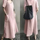 Женское Повседневное платье с коротким рукавом, однотонное Свободное длинное платье с V-образным вырезом и карманами, с большим подолом, S-4XL