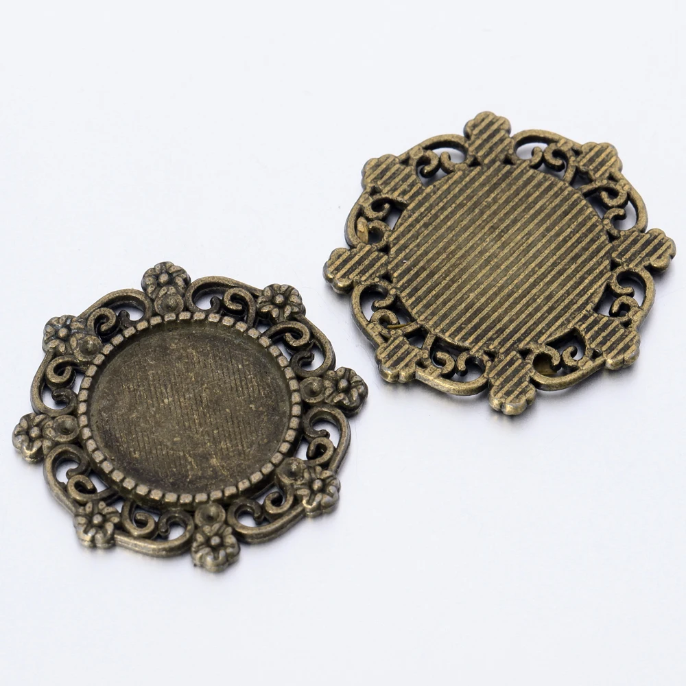 DC 10pcs/lot Blank Ancient Green/silver Flower Tray Fit 15mm Round Cabochon Cameo Setting DIY Necklace Pendant Jewelry Making |