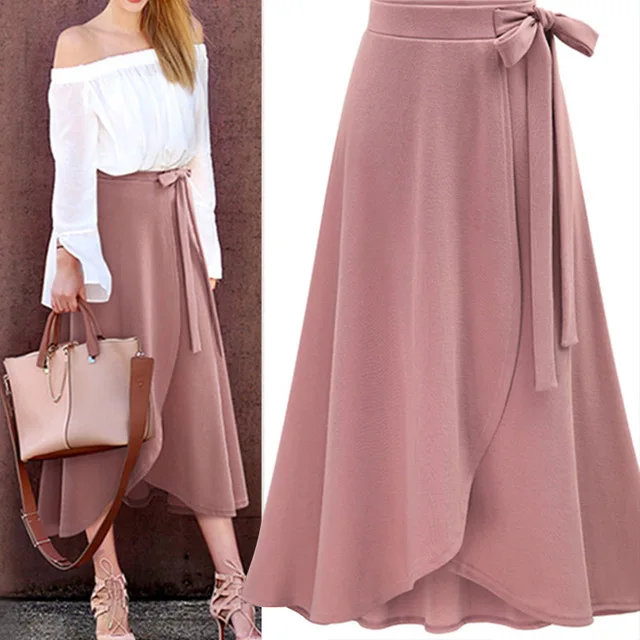 Chiffon Pink Ruffle Women's Long Skirt High Waist Bowtie Split Irregular Maxi Skirts Womens Spring Summer Office Clothes Women |