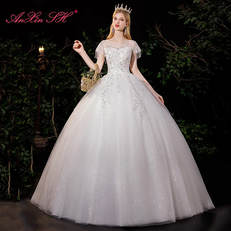 

Белое кружевное свадебное платье AnXin SH в стиле французского ретро с цветами, винтажное свадебное платье с круглым вырезом, бисером, кристалл...
