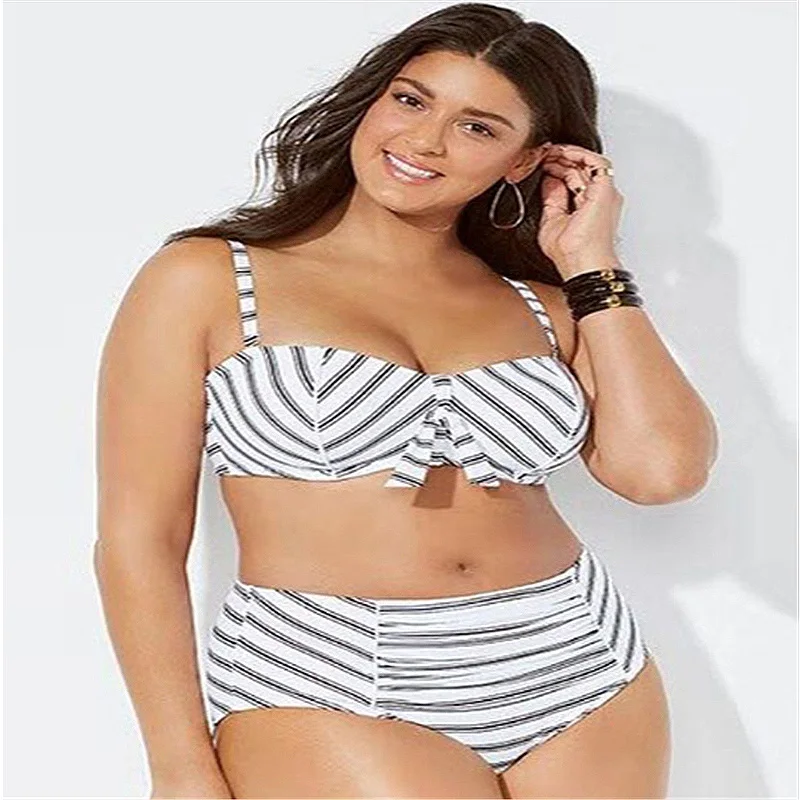 

Plus Size Split Bikini 2021 New Trend Sexy Stripe Bowknot High Waisted Push Up Bandeau Large Swimsuit for Women Maillot De Bain