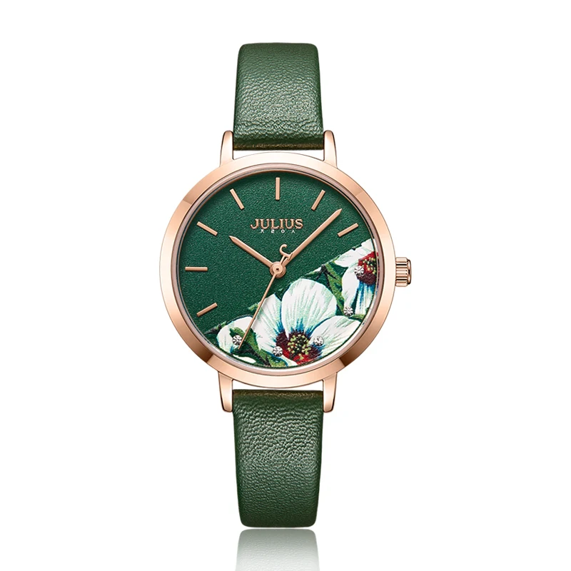 

Julius Watch Green Fresh Girl's Fashion Watch Flower Design Delicate Gift Watch Clock For GF With Gift Box Packaging JA-1089