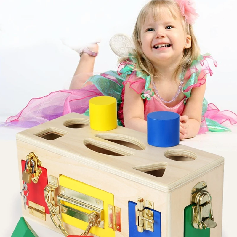

Building Block Storage Box,1Set Wooden Geometric Unlock Toy Interactive Toys Montessori Educational Baby Toddler Sensory Geomet