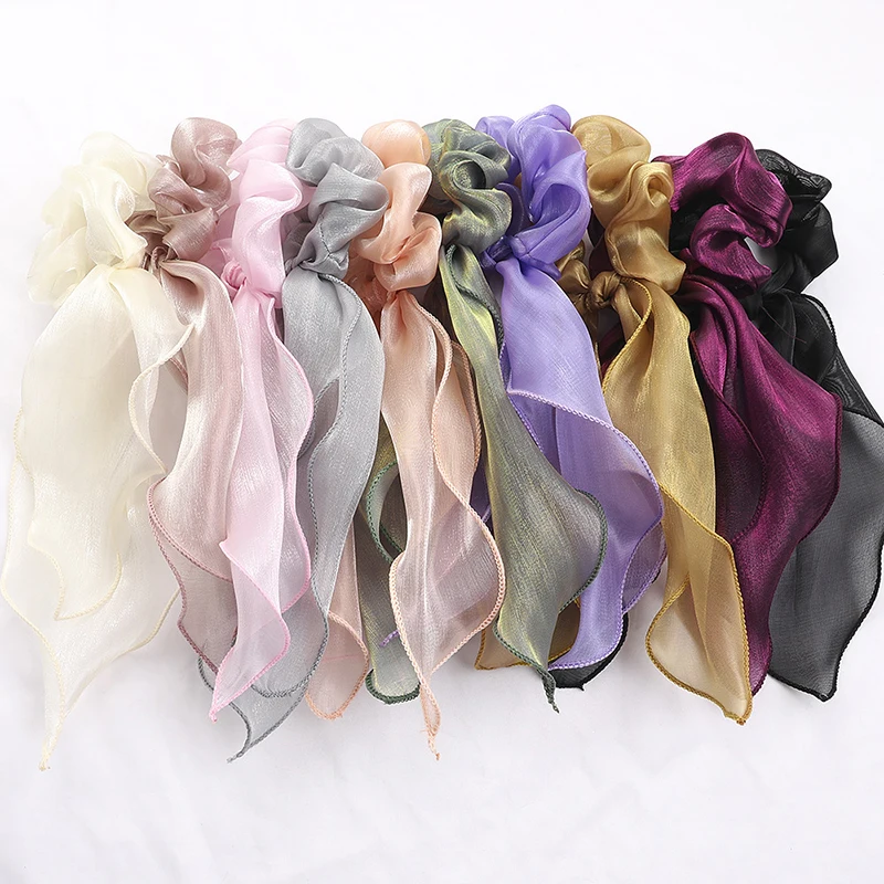 

Solid Color Silk Polyester Long Ribbon Ponytail Scarf Hair Tie Scrunchies Women Girl Elastic Hair Bands Hair Accessories Glitter