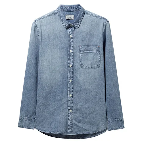 Giordano приталенная Мужская рубашка из джинсовой ткани с длинными рукавами Camisa Masculina, на пуговицах спереди, с отложным воротником, Chemise Homme 01049890 - Цвет: 02Blue