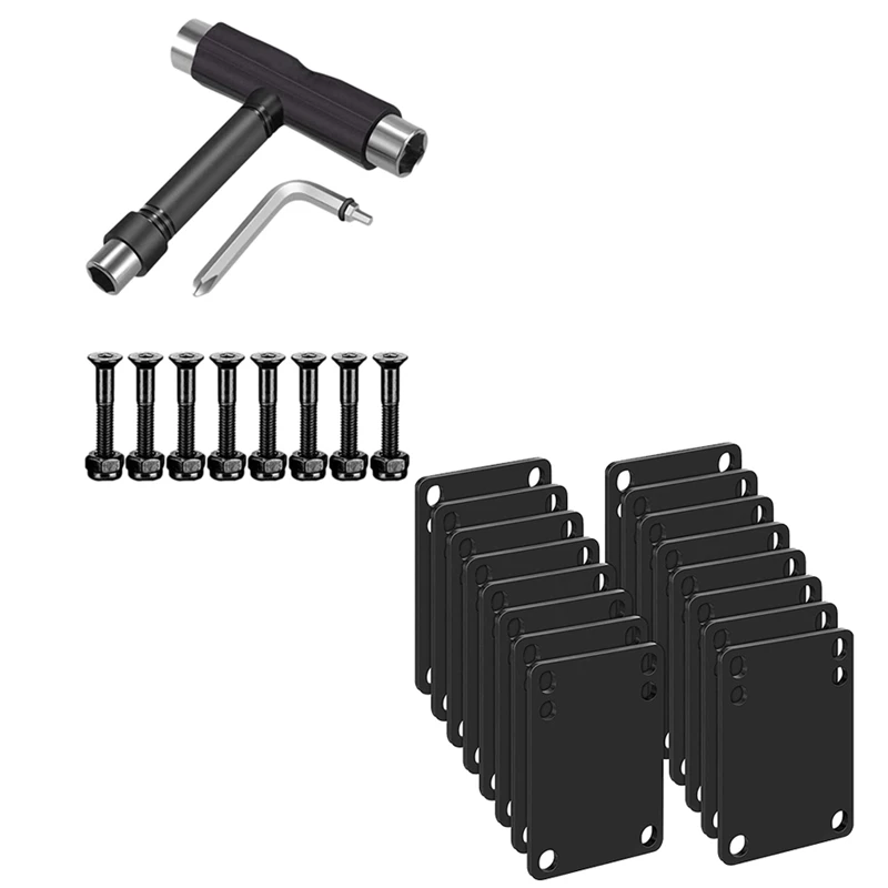 

8Pcs Bolts Set and All-In-One Skate Tools T Accessory with 16Pcs 3mm Riser Shock Pads Soft Longboard Shock Rise Pads