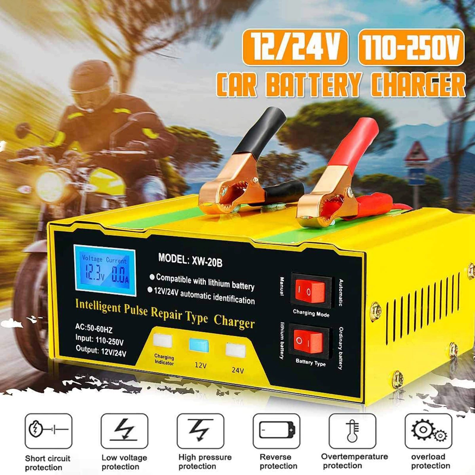 New 12V 24V 10A Car Auto Battery Charger LED Display EU Smart Automotive Truck Motorcycle Car Charger