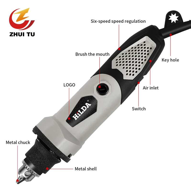 

ZHUI TU 230V 450W Electric Straight Grinder 5000-20000rpm Adjustable Variable Speed Power Tool Electric Drill Grinder Polisher