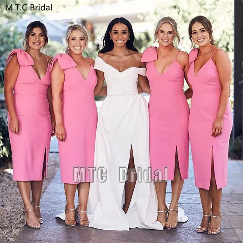 

Hot Pink Short Bridesmaid Dresses With Bow Spaghetti Strap Sheath Tea Length Sexy Maid Of Honor Wedding Party Dress Plus Size