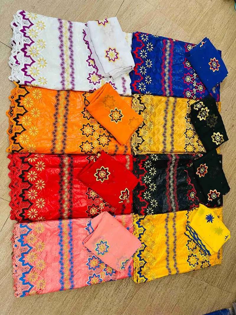 

Grand Quality New Arrival African Bazin Riche Fabrics With Gold Cotton Scarfs Guinea Basin Brocade 5+2Yards Sewning For Wedding