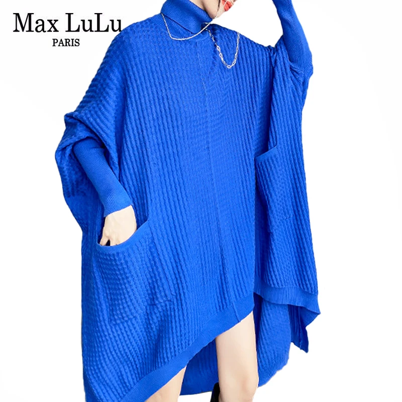 

Женское платье с высоким воротником Max LuLu, синее свободное Повседневное платье с длинным рукавом, женская одежда, однотонные винтажные плат...