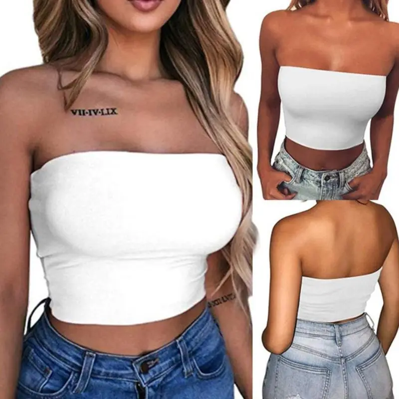 

Womens Sexy Strapless Off Shoulder Crop Tube Top Solid Color Stretchy Bandeau Seamless Casual Basic Breast Wrap No-Padded Bra