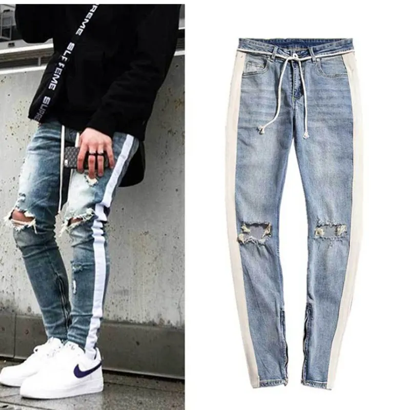 

Men 'side Stripe Jeans Zipper Designer Stretch Broken Hole Black Jeans Hip Hop Haulage Motor Elastic Waist Joggers Pants