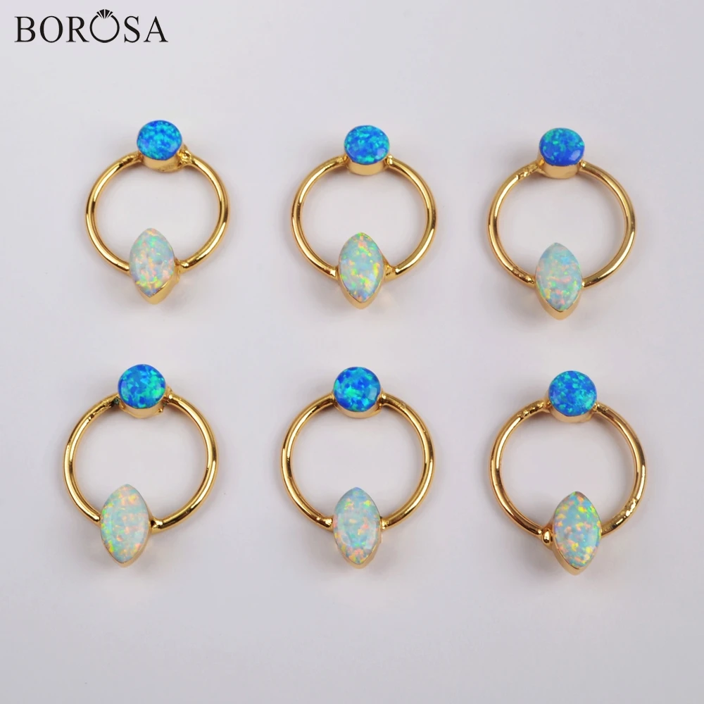 

BOROSA 5Pcs Gold Plating Mixed Marquise White Opal & Round Blue Opal Charm Manmade Opal Pendant for Necklace Jewelry G1857