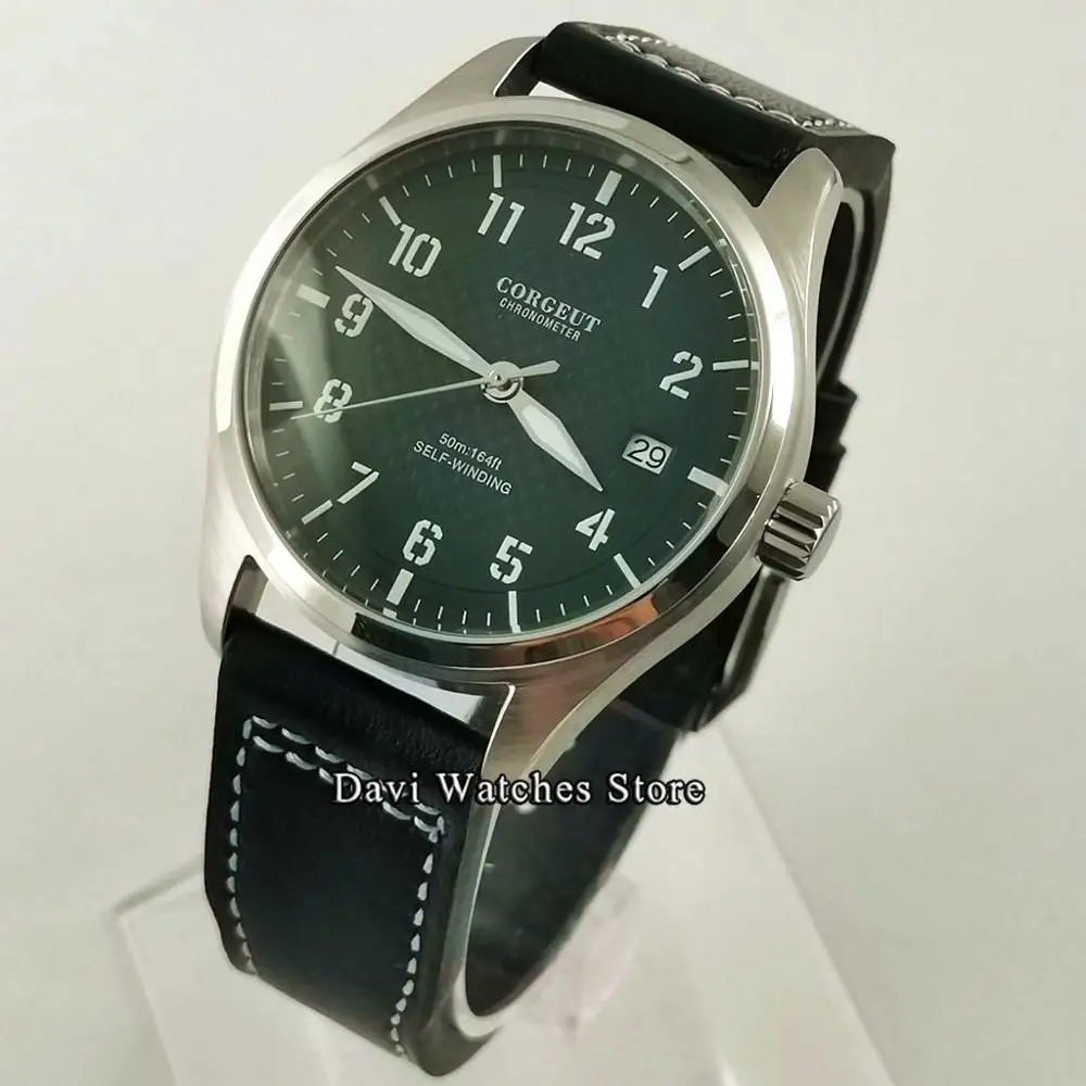 

New Corgeut Green Dial Mens Watches Clock Stainless Steel Case New 24 Jewels Japan NH35 Automatic Watch Men Relogio Masculino