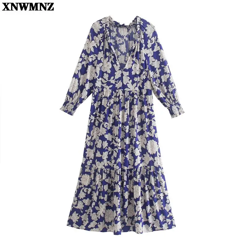 

Женское платье с длинным рукавом ZA, винтажное платье оверсайз с отделкой для воротника, летнее платье с оборками на подоле