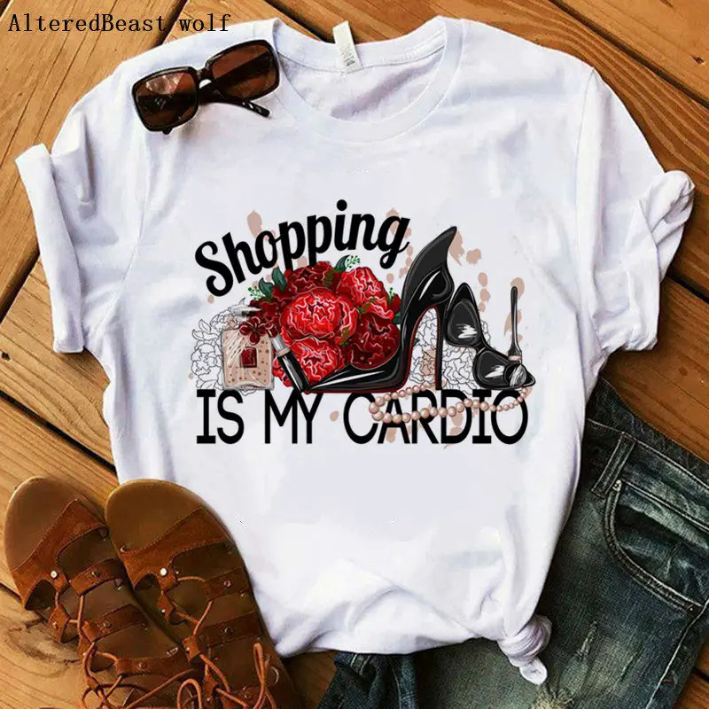 

Shopping IS MY CARDIO Women harajuku aesthetics t shirt sexy flowers high heels Printed Short Sleeve tops tee casual vogue tee