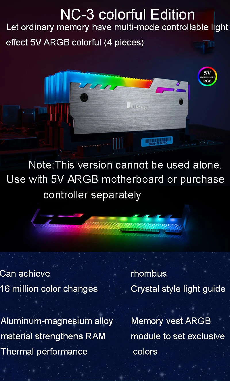 4 шт./лот JONSBO NC-3 светящийся жилет с памятью RGB радиатор 12 в маленький 3 Pin аура светодиодный алюминиевый радиатор Настольный теплоотвод ОЗУ