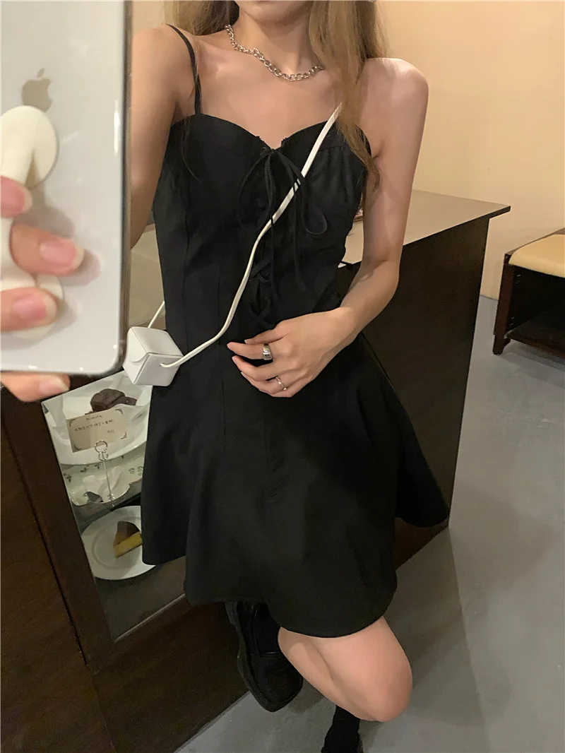 Корейское темное платье для девушек с V-образным вырезом закрывающее талию на