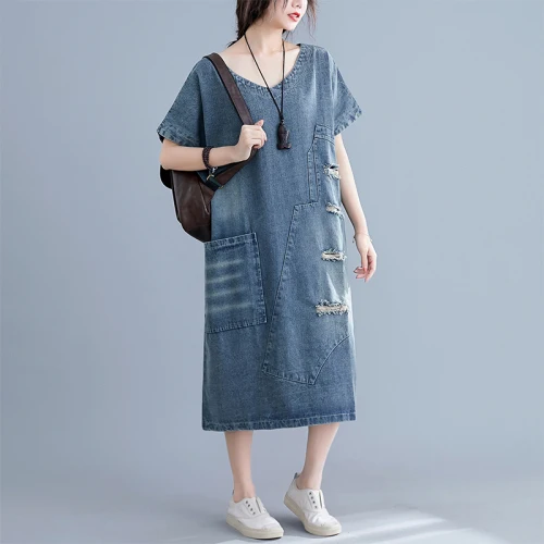 

Literary Dress For Women Denim Ladies Dresses Patchwork Robe Longue Femme Pocket Korean Dress Loose Vestidos De Fiesta