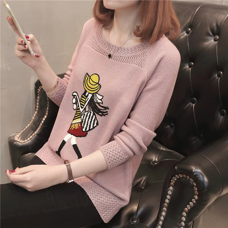 

Women Sweater Spring Autumn Thin Section Short Cartoon Knit Sweater Long Sleeve Hollow Round Neck Casual Bottoming Shirt A503