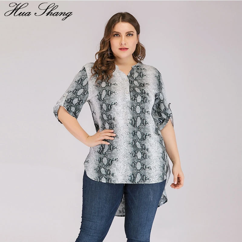 

5XL 6XL Plus Size Blouse Shirt Women 2019 Fashion V Neck Half Sleeve Snake Skin Print Irregular Long Blouse Ladies Tunic Tops