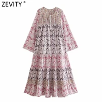 zevity 2021 women vintage floral print patchwork casual loose midi dress chic female v neck lace up retro boho vestido ds8565
