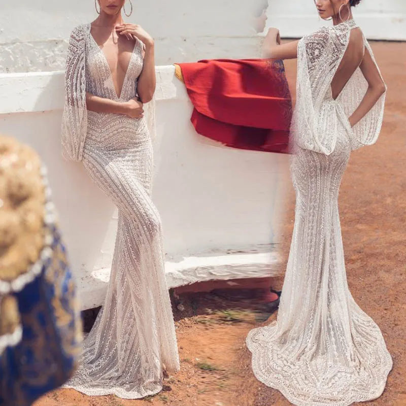 

2021 Dress for Women Lace Office Lady Backless Autumn Full Party Evening Sexy White Bridesmaid Dress