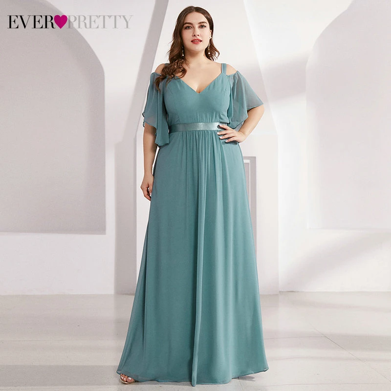 

Plus Size Bridesmaid Dresses Ever Pretty EP07871 A-Line Double V-Neck Short Ruffles Sleeve Elegant Wedding Guest Gowns Vestidos