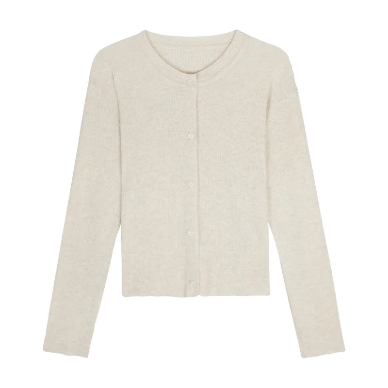 Rose Pink cardigan Pit Stripe Knitted Cardigan Korean Loose Thin Round Neck Short Coat Long Sleeve Top |