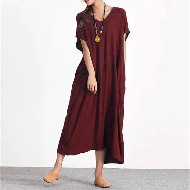 

Loose Side Pockets Round Neck Short Sleeves Plus Size Slimming Cotton And Linen Dress Women