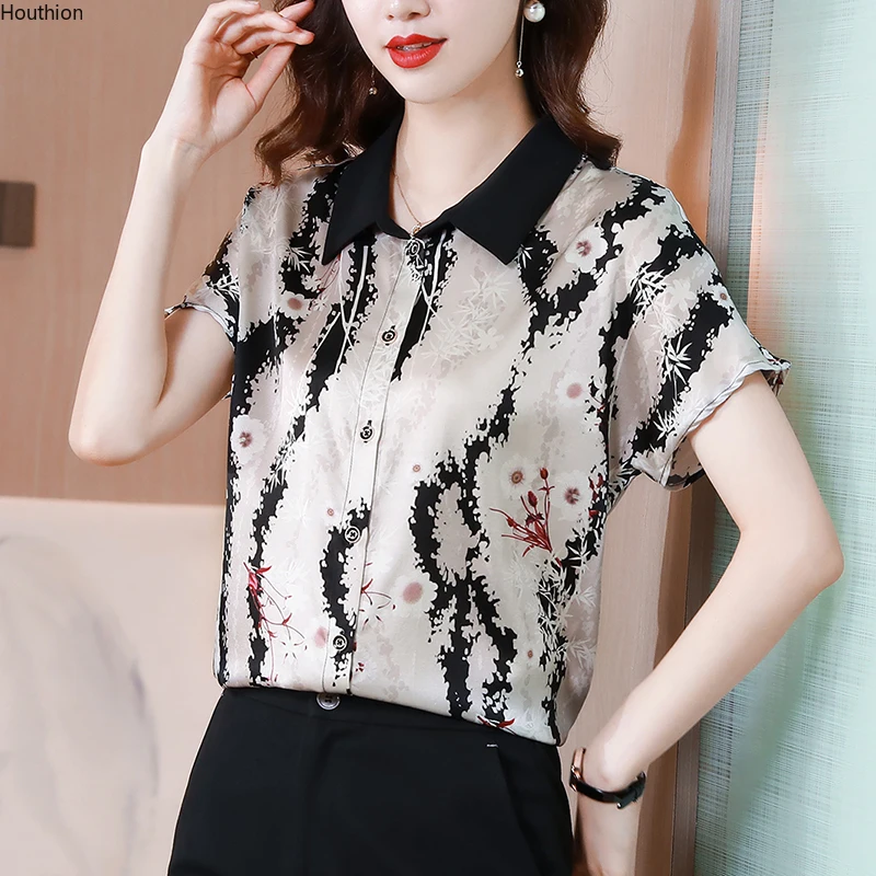 

Women's Blouses Short Sleeve Tops Casual Polo Shirts Fashion Top Solid Color Shirt Splicing Loose Silk Summer Blusas