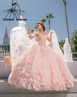 cinderella baby pink ball gown quinceanera dresses with cape beaded 3d flowers formal prom graduation gowns princess sweetheart