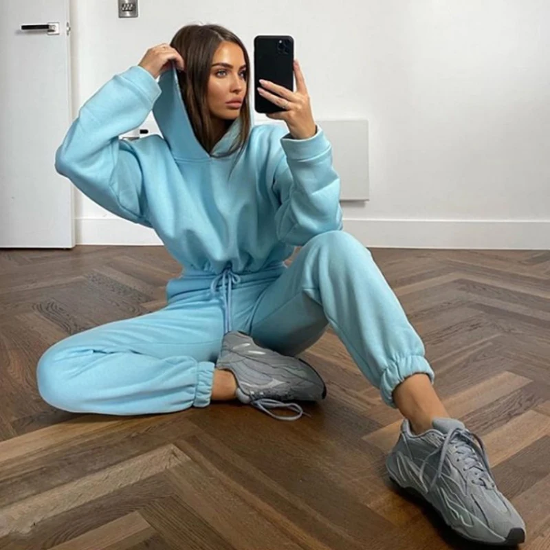 

Women Two Piece Sets 2021 Autumn Winter Long Sleeve O-neck Hoodie And High Waist Trousers Pants Suits Female Casual Loose Outfit