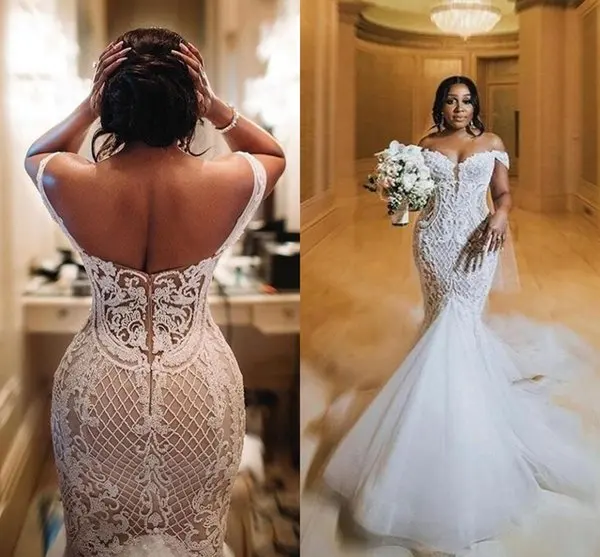 

Женское свадебное платье с открытыми плечами, кружевное платье в африканском стиле с юбкой-годе, на молнии сзади, платье невесты