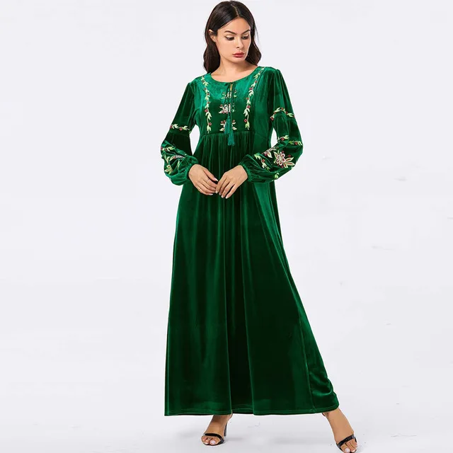 Цветочные бархатные abaya для женщин Дубай мусульманский кафтан женская одежда зима осень длинное платье Зеленый Кафтан vestido manga larga