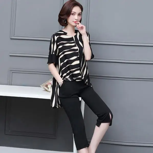 Женский костюм размера плюс комплект из 2 предметов полосатый топ и штаны лето 2019