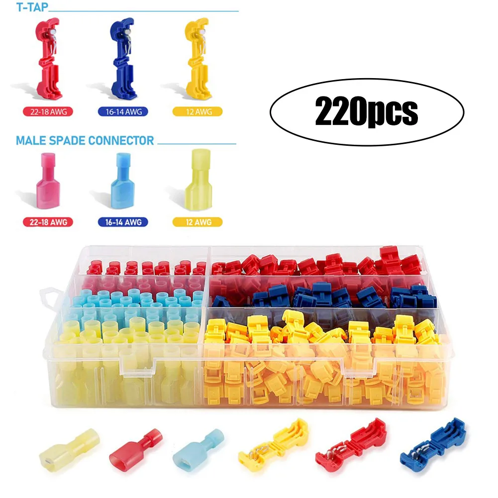 

220 Pcs Wire Crimp Terminal Quick Splice Locking Clip T Tap Cable Terminals Connectors Kit Electric Equipment Parts